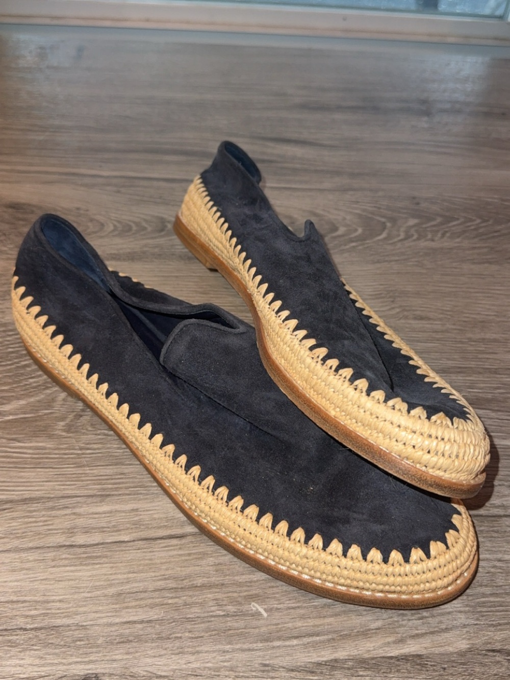 Women’s Black Suede Slip-On Loafers with Natural Woven Trim